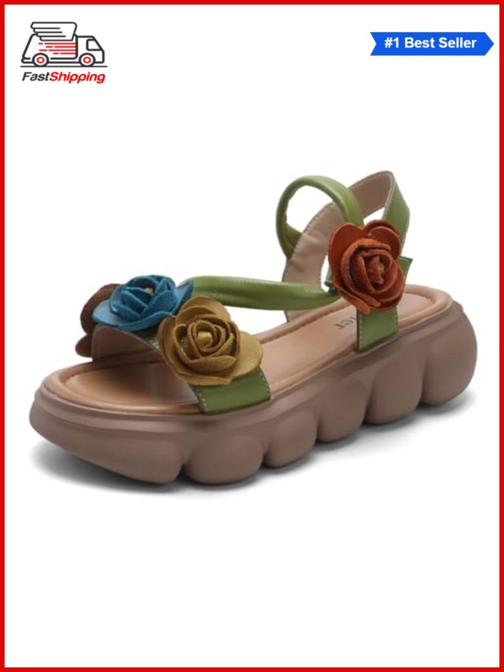 Women's Platform Sandals Open Toe Cow Leather Floral Hook & Loop Summer Beach